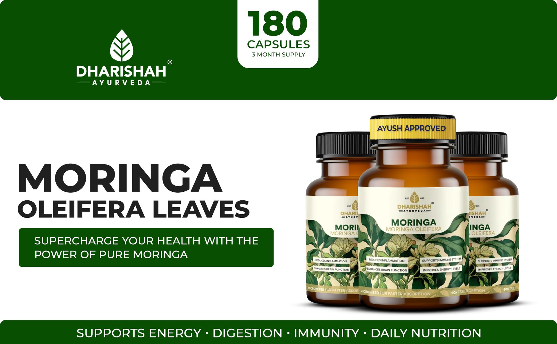 Dharishah Ayurveda Organic Moringa Tablets 900mg | Drumstick Leaf Powder | Plant-Based Daily Nutrition & Energy Support | 60 Tablets