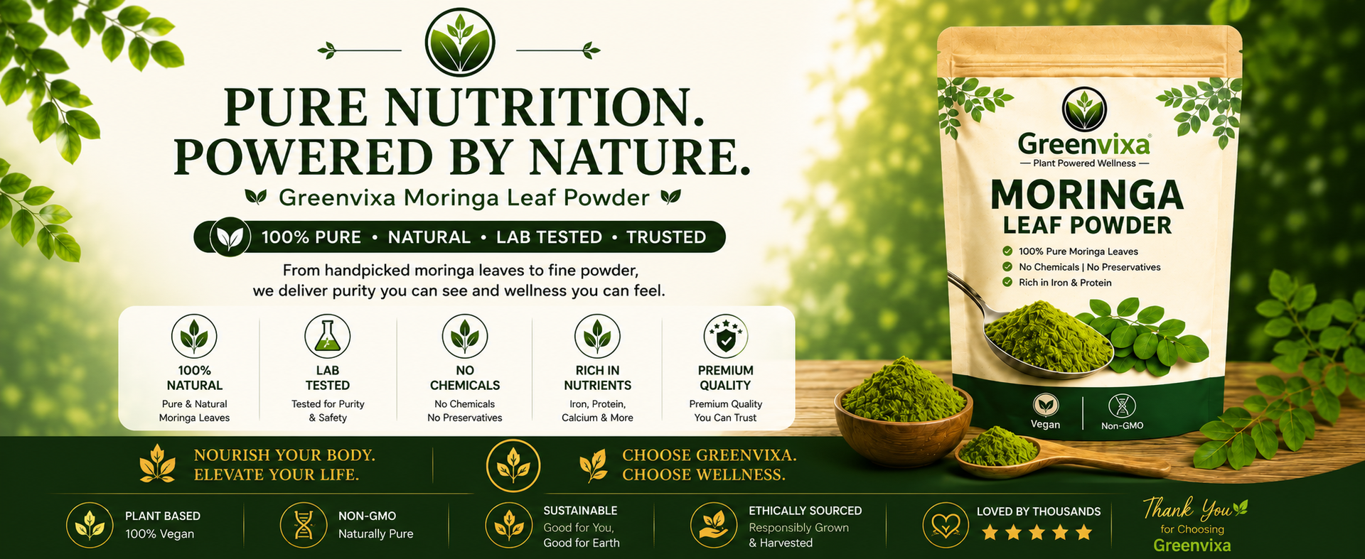 Moringa Powder 200g, 100% Pure Moringa Leaf Powder, Vegan & Non-GMO Green Superfood, Rich in Iron, Vitamins & Minerals, No Additives or Fillers, Plant Based Nutrition for Daily Wellness