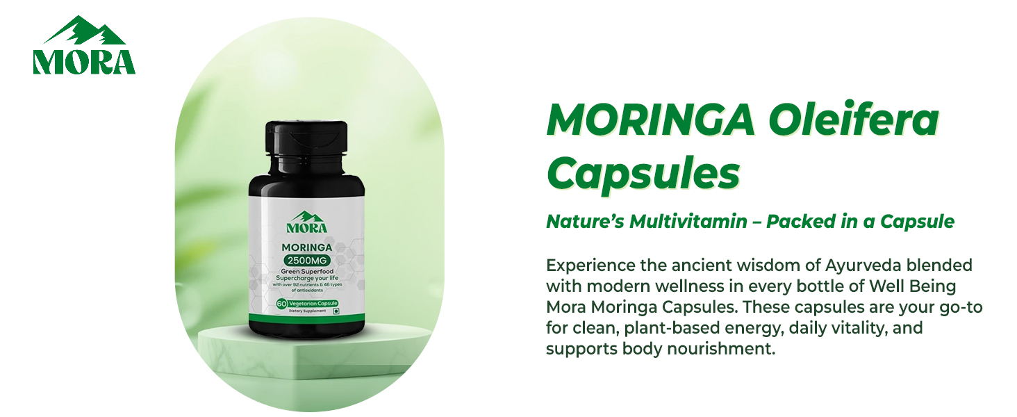 MORA Moringa Capsules - 5:1 Drumstick Leaf Extract | Moring Leaf Extract for Energy, Immunity, Digestion, Hair & Skin | 60 Vegan Lab-Tested Capsules