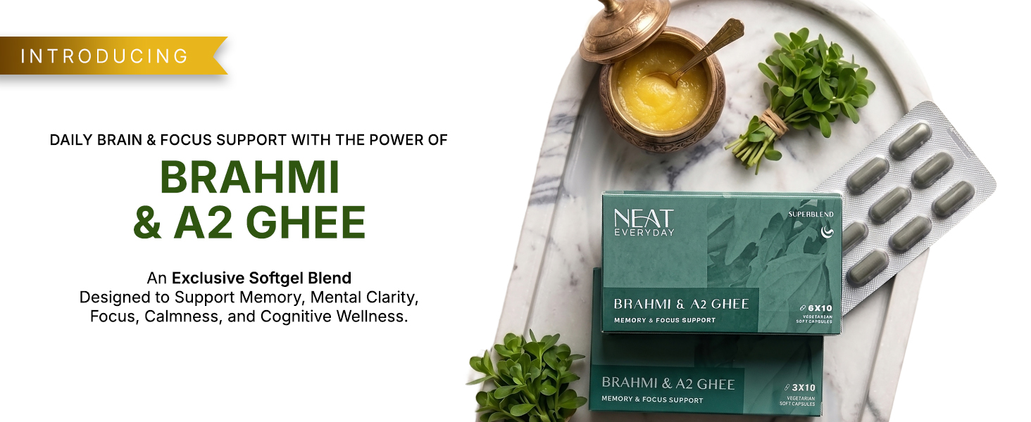 Neat Everyday Brahmi & A2 Ghee Capsules | Ayurvedic Nootropic for Memory, Focus & Mental Clarity | Brain Booster with Shankhpushpi | Stress & Anxiety Relief | 30 Capsules