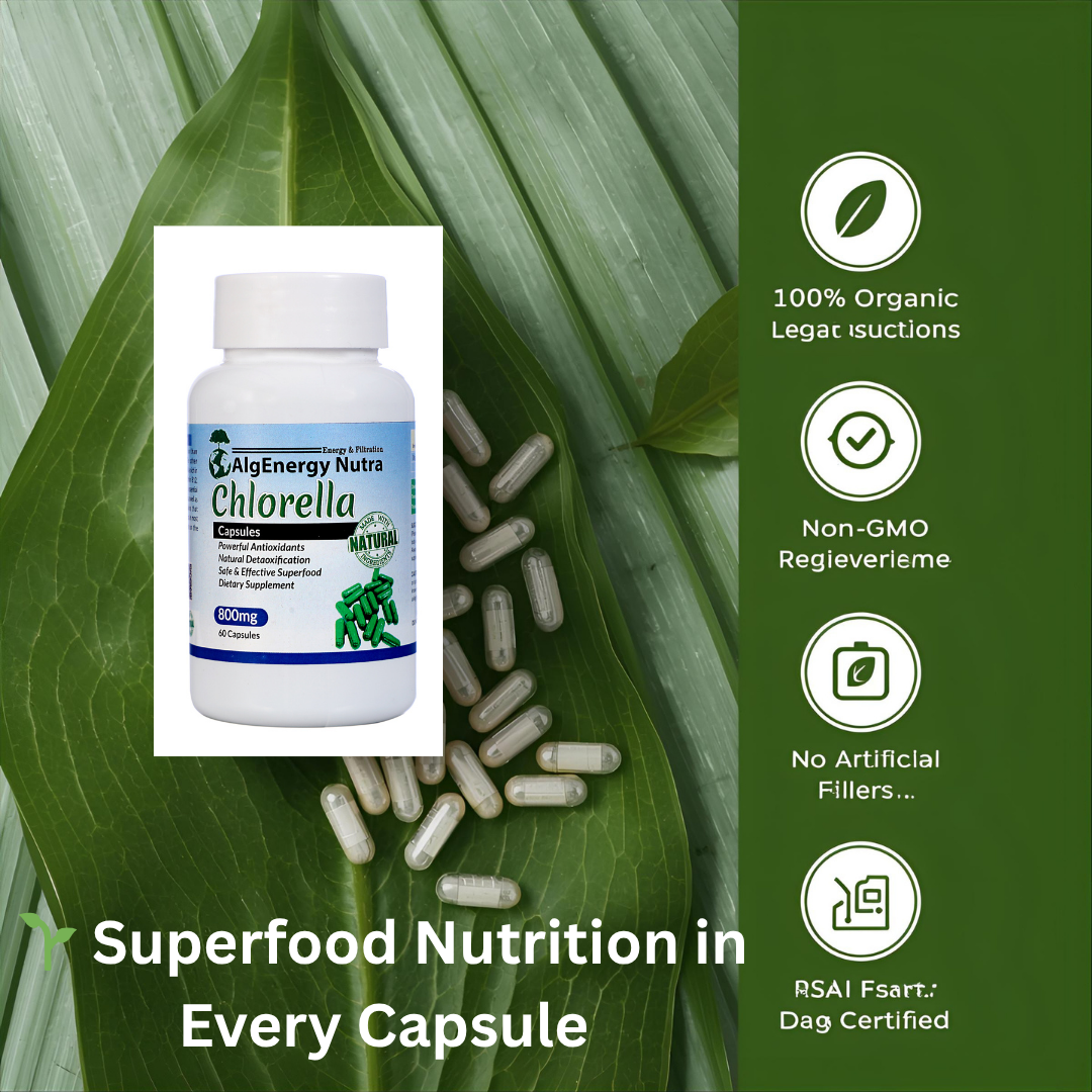 Organic Chlorella Capsules 800mg/Serving | Superfood with Vitamin B12, Beta-Carotene & Folic Acid | Powerful Antioxidant & Natural Detox Supplement | 60 Capsules