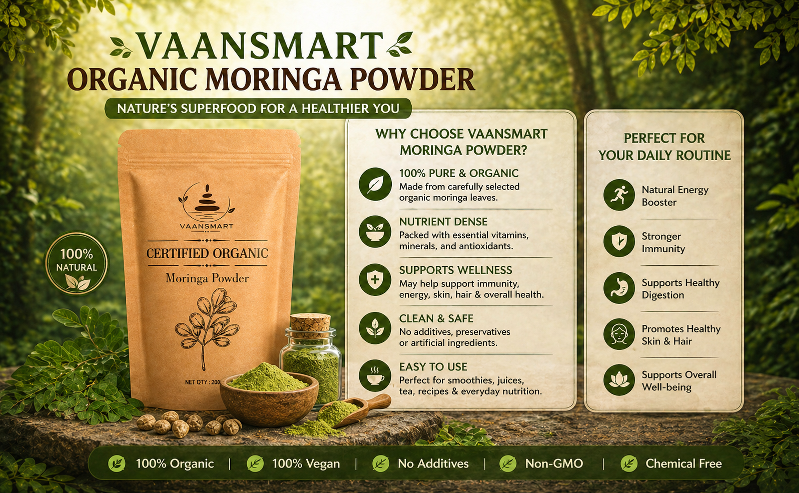 Organic Moringa Powder 200g | Certified Organic Drumstick Leaf Powder | Vegan, Non-GMO, Gluten Free Superfood