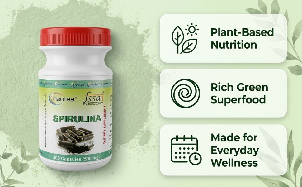 Neotea Spirulina 500mg - 300 Veg Capsules | Blue Green Algae Superfood Supplement | Supports Daily Energy, Immunity & Wellness | Non GMO