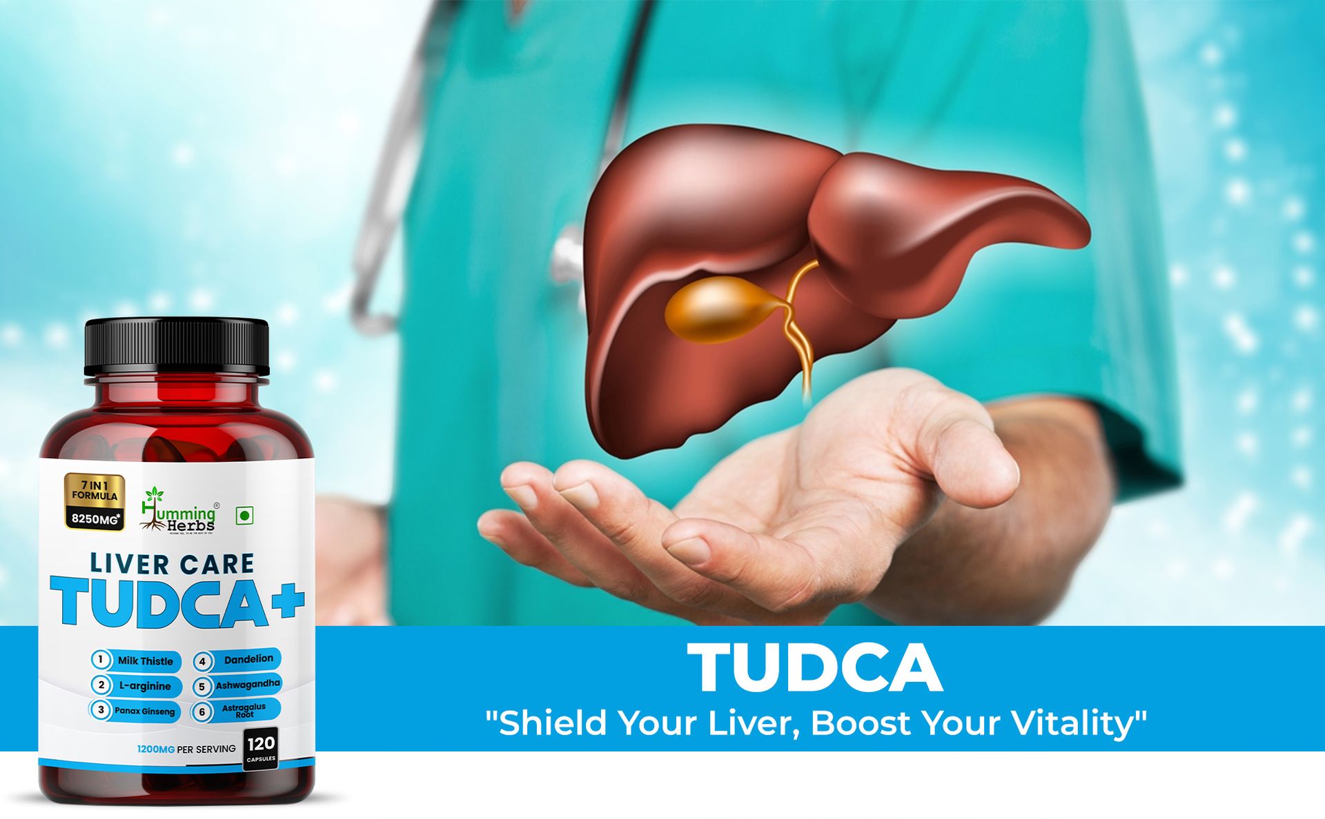 Humming Herbs Liver Care TUDCA+ | 7-in-1 Formula with Milk Thistle, Dandelion & Panax Ginseng | Supports Liver Health & Detoxification | 1200mg per Serving | 120 Veg Capsules (120 Caps)