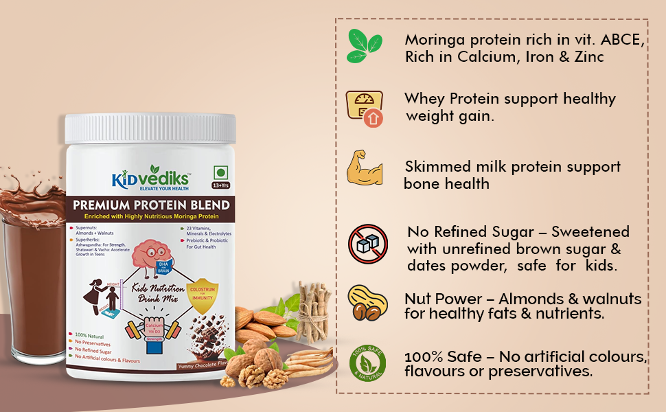 KidVediks Kids Protein Powder Ages 13+ | 350g | Growth Booster | Nutrition Drink | Health Drink for kids | 10g Protein/Serving | 23 Vitamins & Minerals | DHA, Calcium, Zinc | | Yummy Chocolate Flavour| Supports Health & Growth | No Refined Sugar ,Artificial Flavours or Preservatives