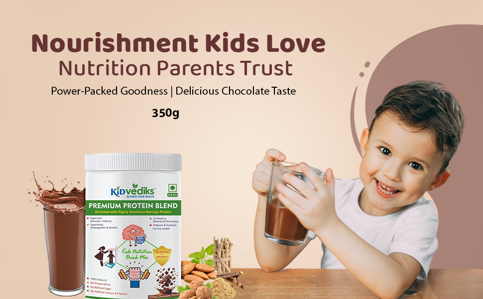 Kidvediks Kids Protein Powder for 2–6 Years (350g) | Nutrition Drink Mix | Health Drink for kids - 23Vitamins & Minerals ,DHA, Moringa, calcium,zinc| No Refined Sugar, Artificial Flavours or Preservatives| Chocolate Flavour | Super Food | Supports Healthy Growth & Immunity Booster| With Almonds, Walnuts, Ashwagandha & Mulethi