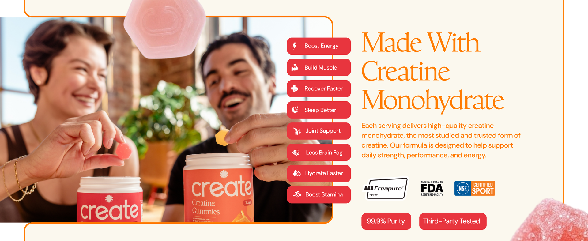 Create Creatine Monohydrate Gummies for Women and Men, Orange, 90ct