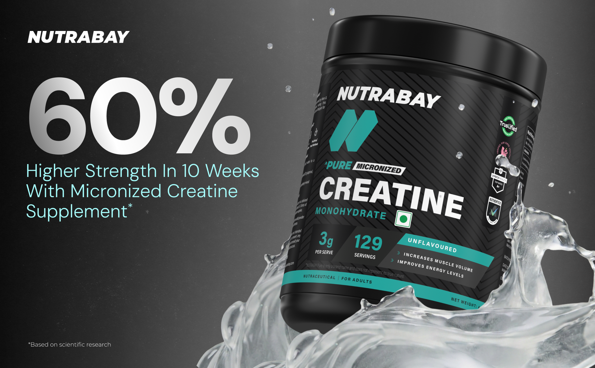 Nutrabay Pure Micronized Creatine Monohydrate Powder - 400g, 129 Servings, Unflavoured | Trustified Certified | DCD & DHT Tested | Quick Absorption | Superior Muscle Strength and Recovery