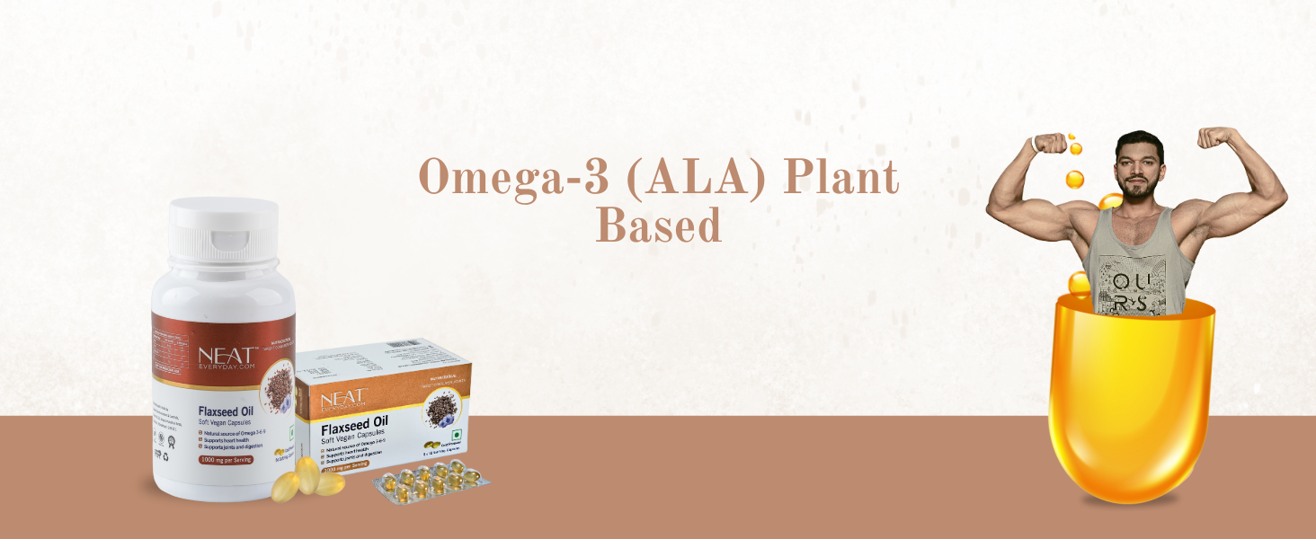 NEAT EVERYDAY Cold Pressed Flaxseed Oil Soft gel Capsules Blister 1000mg Per 2 Cap | Omega 3 Flaxseed Vegetarian Capsules Support Heart, Joint & Skin | No Fish Oil | Gluten Free Capsule (30 Capsule, Blister)