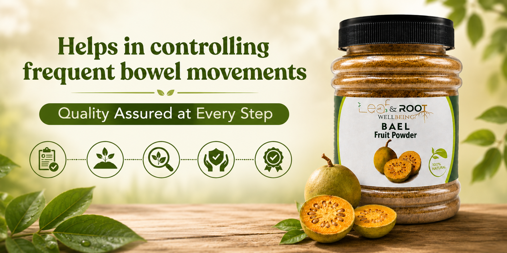 Leaf & Root Wellbeing Bael Fruit Powder 100g | 100% Pure Bael Powder | Belgiri | Aegle Marmelos | Wood Apple Fruit | Plant-Based | No Added Sugar, Preservatives or Artificial Colors