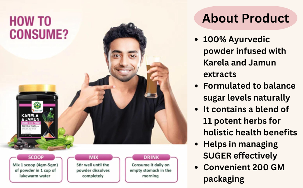 Karela, Jamun Diabetic Detox Powder | Infused with 11 Potent Herbs for Balancing Sugar | 100% Ayurvedic (200g)