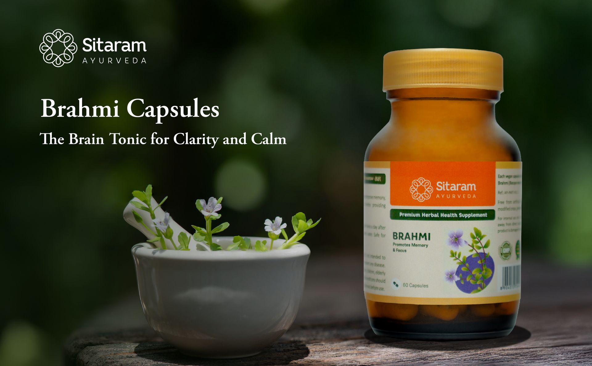 Sitaram Ayurveda Brahmi Capsules | Ayurvedic Brain Wellness Formula with Brahmi Extract | Helps Support Memory, Focus, Mental Clarity, Alertness & Stress Balance | Daily Cognitive Care | 60 nos