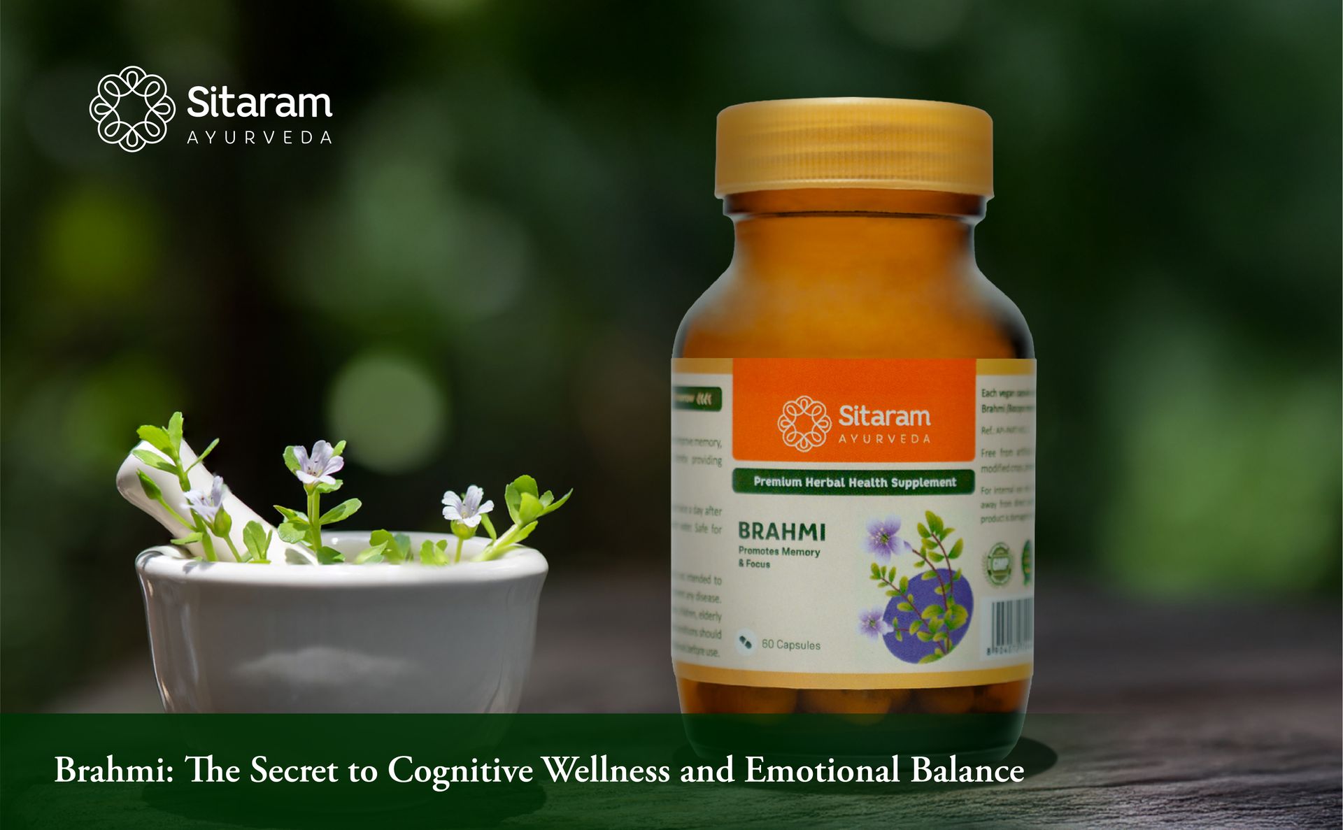 Sitaram Ayurveda Brahmi Capsules | Ayurvedic Brain Wellness Formula with Brahmi Extract | Helps Support Memory, Focus, Mental Clarity, Alertness & Stress Balance | Daily Cognitive Care | 60 nos
