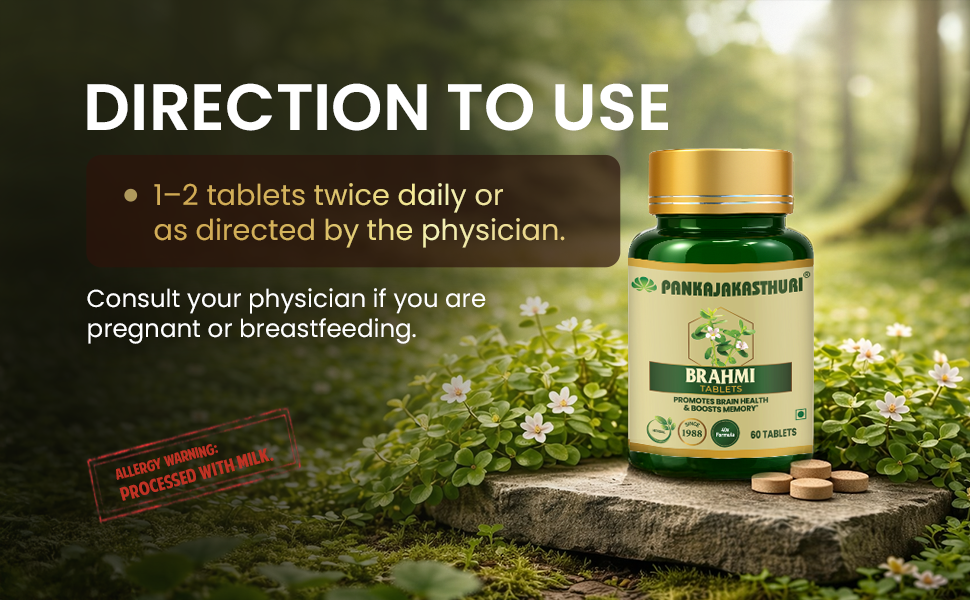 Pankajakasthuri Brahmi Tablets for Memory and Cognitive Support, 60 Tablets, Brahmi (Bacopa monnieri), Sugar-Free, Ayurvedic Formulation