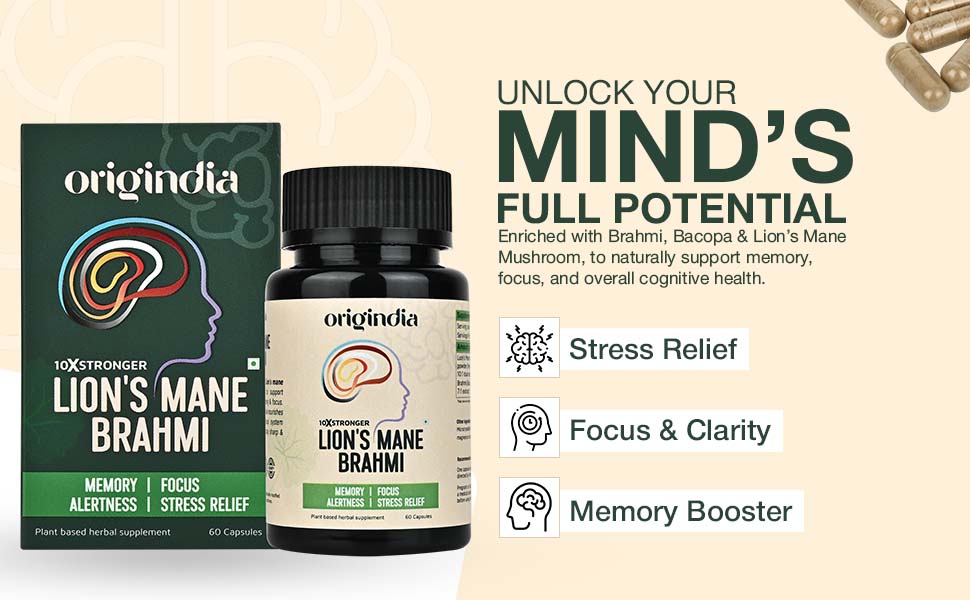 Lions Mane Brahmi Supplement, Brain Supplement Vegan Capsules with Lion's Mane Mushroom & Brahmi Extract for Memory Booster, Focus & Cognitive Support, Mind & Mood Enhancer, Pack of 1, 60 Capsules