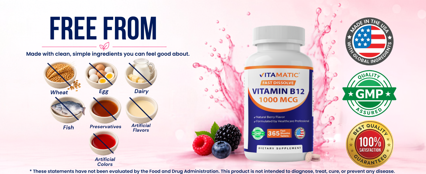 Vitamatic Vitamin B12 1000 mcg, 365 Fast Dissolve Tablets, Made in USA