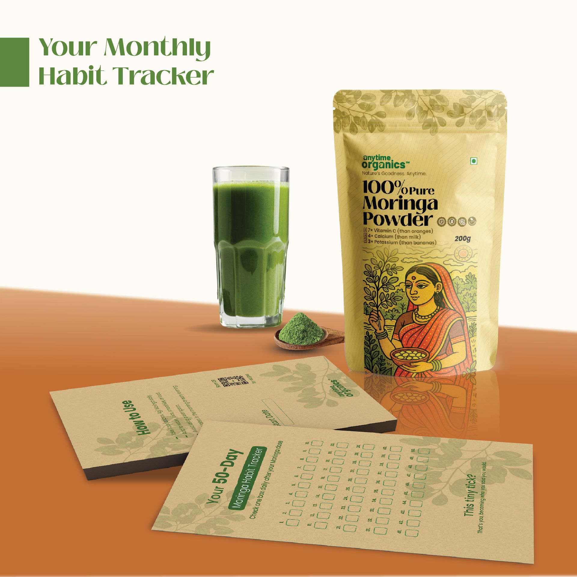 Anytime Organics Moringa Powder 200g | Drumstick Leaf Powder | 100% Pure Moringa Superfood | 50 Servings | Includes Wooden Spoon & 50-Day Habit Tracker | Easy Daily Wellness Habit