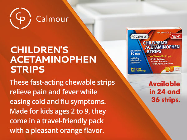 Children's Acetaminophen 24 Strips | Pain Reliever & Fever Reducer | Fast-Acting Support for Cold & Flu Symptoms | Oral Chewable Strips for Kids Ages 2-9 | Travel Size, Orange Flavor