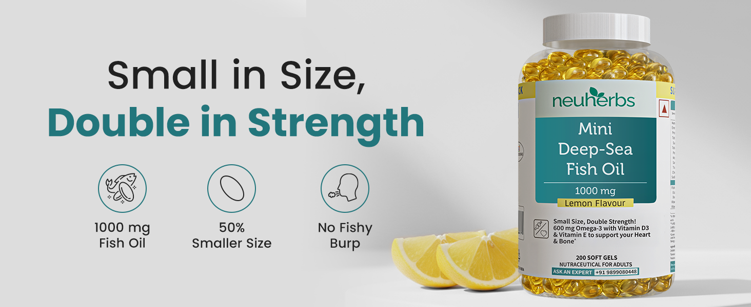 Neuherbs Mini Deep Sea Omega 3 Fish Oil Capsules 1000mg Supplement | EPA - 360mg, DHA - 240mg | With Vitamin E & D3 | Supports Heart, Brain, Muscle & Joint Health| Lemon Flavour - 200 Softgels