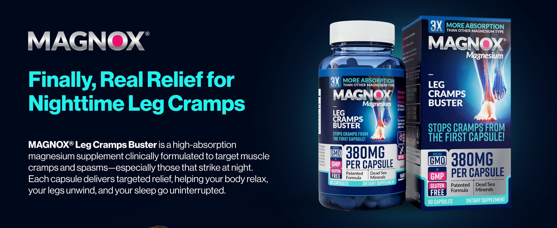 MAGNOX® Buster | Patented Clinically Tested 380mg Magnesium Supplement for Spasms & Leg Cramps at Night | One Capsule a Day for Almost Full Dosage | 3X More Absorption | Dead Sea Minerals (60 Caps)