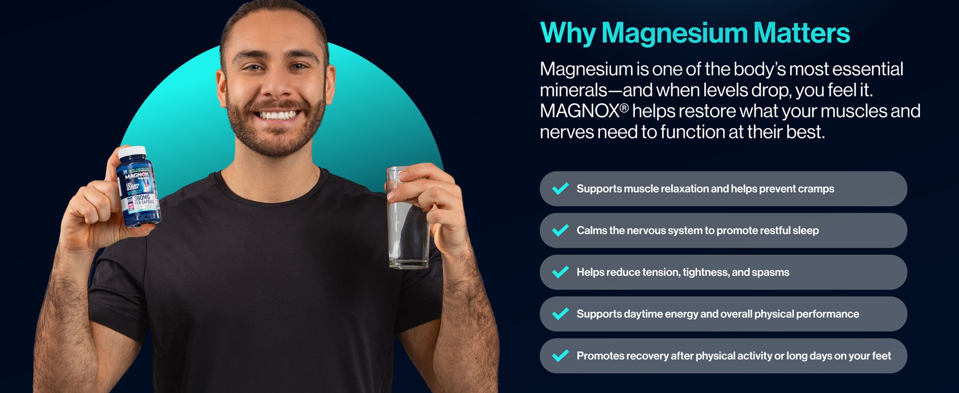 MAGNOX® Buster | Patented Clinically Tested 380mg Magnesium Supplement for Spasms & Leg Cramps at Night | One Capsule a Day for Almost Full Dosage | 3X More Absorption | Dead Sea Minerals (60 Caps)