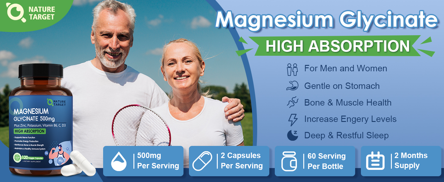 NATURE TARGET Magnesium Glycinate 500 mg with Zinc, 120 Vegan Capsules