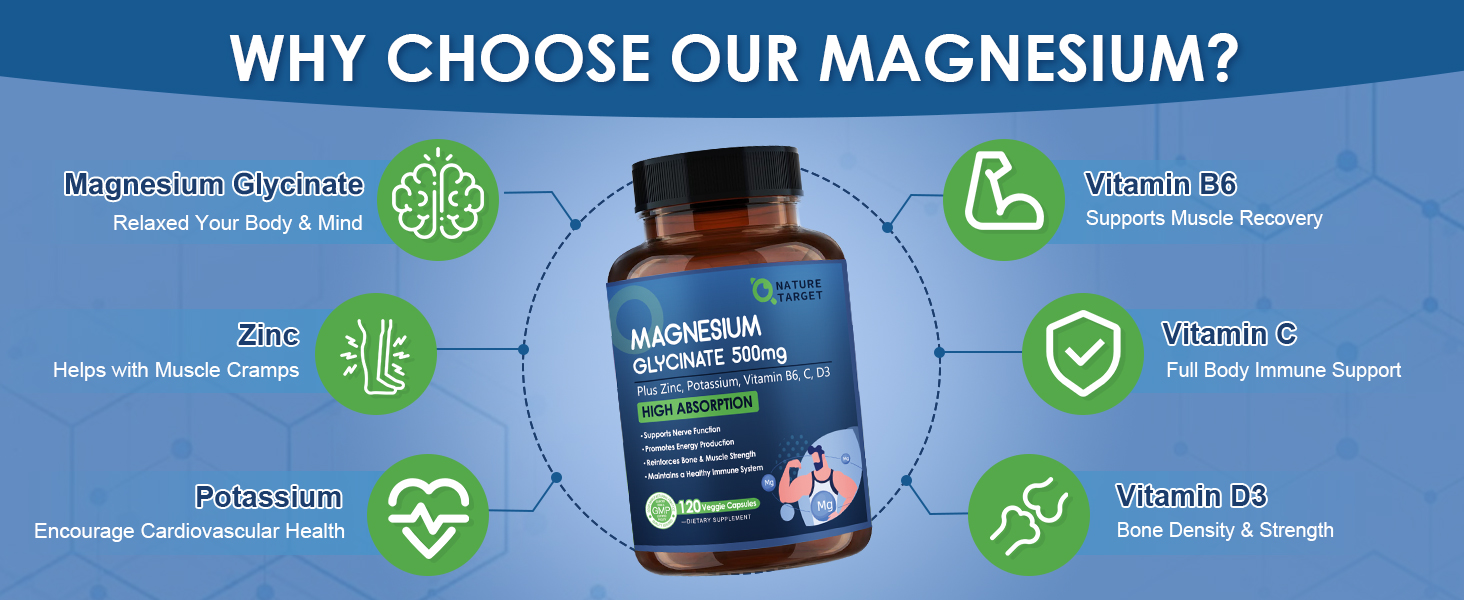 NATURE TARGET Magnesium Glycinate 500 mg with Zinc, 120 Vegan Capsules