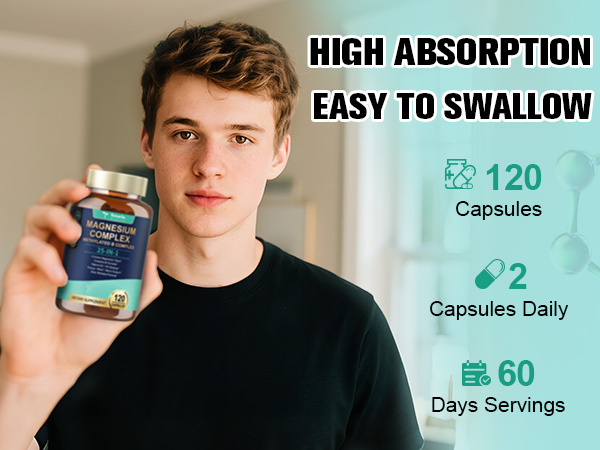 25-in-1 Magnesium Complex w/Methylated B Complex Women Men, 120 Vegan Caps