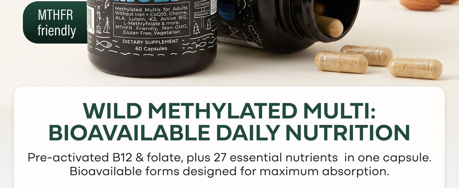 Wild Methylated Multivitamin for Men & Women, MTHFR Supplement, 60 Capsules