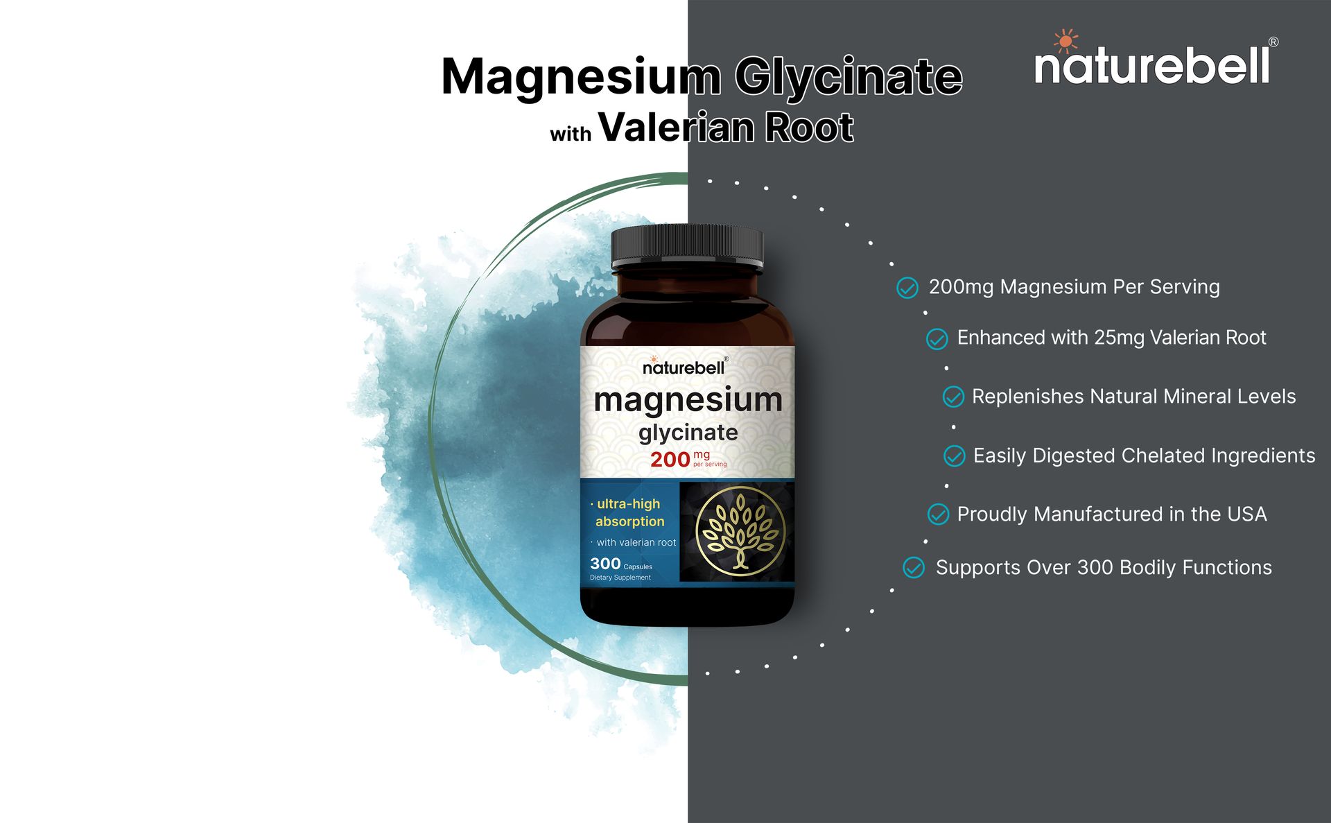 Pure Magnesium Glycinate for Sleep, 200mg with Valerian Root, 300 Capsules | 100% Chelated & Purified Mineral Supplement – Ultra High Absorption – Non-GMO, Gluten Free