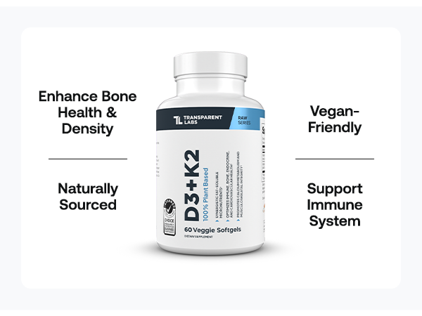 Transparent Labs Vitamin D3 K2 - Vitamin D & K2 Vitamin Supplement for Men & Women, Vegan-Friendly D3K2 5000 IU Supplements to Support Bone, Immune, and Overall Health - K2 D3 60 Capsules