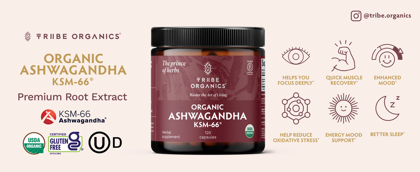 TRIBE ORGANICS Ashwagandha KSM 66 Organic Stress Support Supplement, 120ct