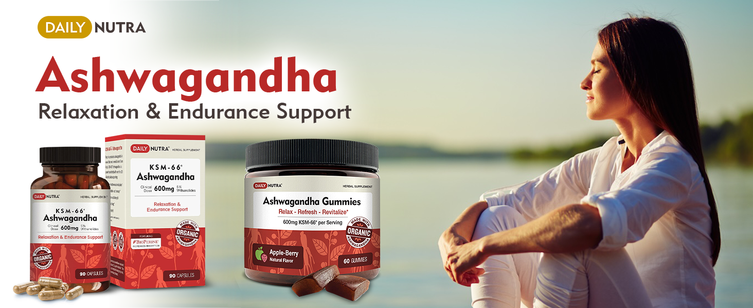 DailyNutra KSM-66 Ashwagandha 600mg Organic Root Extract - High Potency Supplement with 5% Withanolides | Relieves Tiredness, Supports Relaxation, Focus, Energy, & Muscle Growth (90 Capsules)