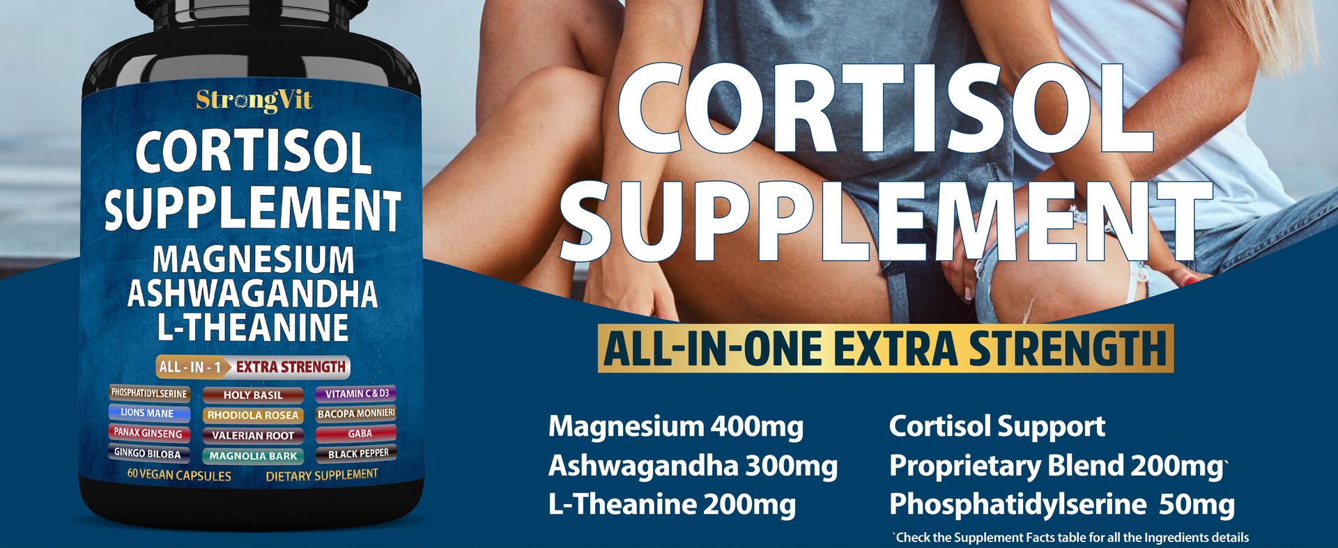 StrongVit Cortisol Supplement for Women and Men with Magnesium - 60 Caps