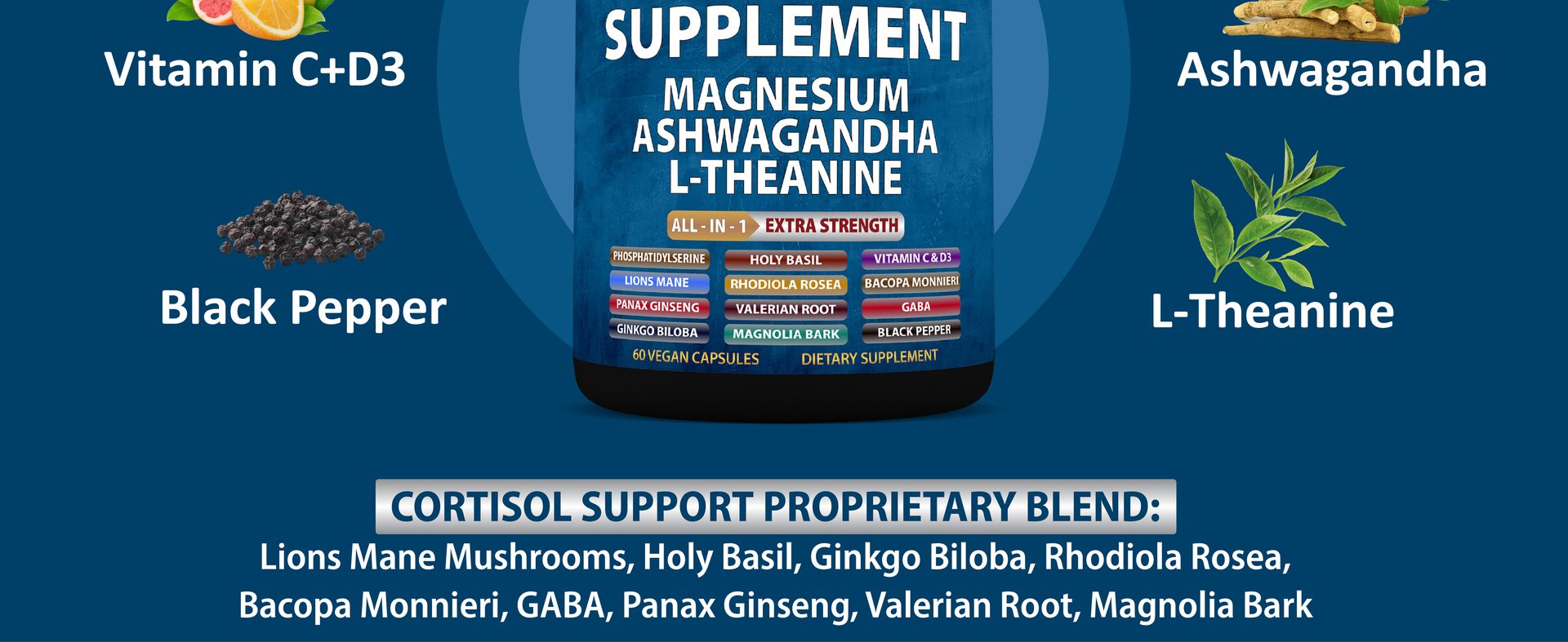 StrongVit Cortisol Supplement for Women and Men with Magnesium - 60 Caps