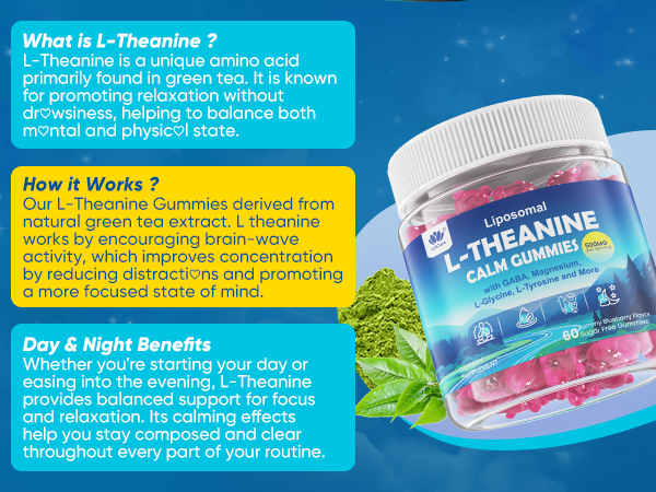 L Theanine Calm Gummies 500mg + Saffron + Magnesium Glycinate + GABA,120Cts