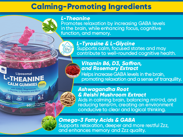 L Theanine Calm Gummies 500mg + Saffron + Magnesium Glycinate + GABA,120Cts
