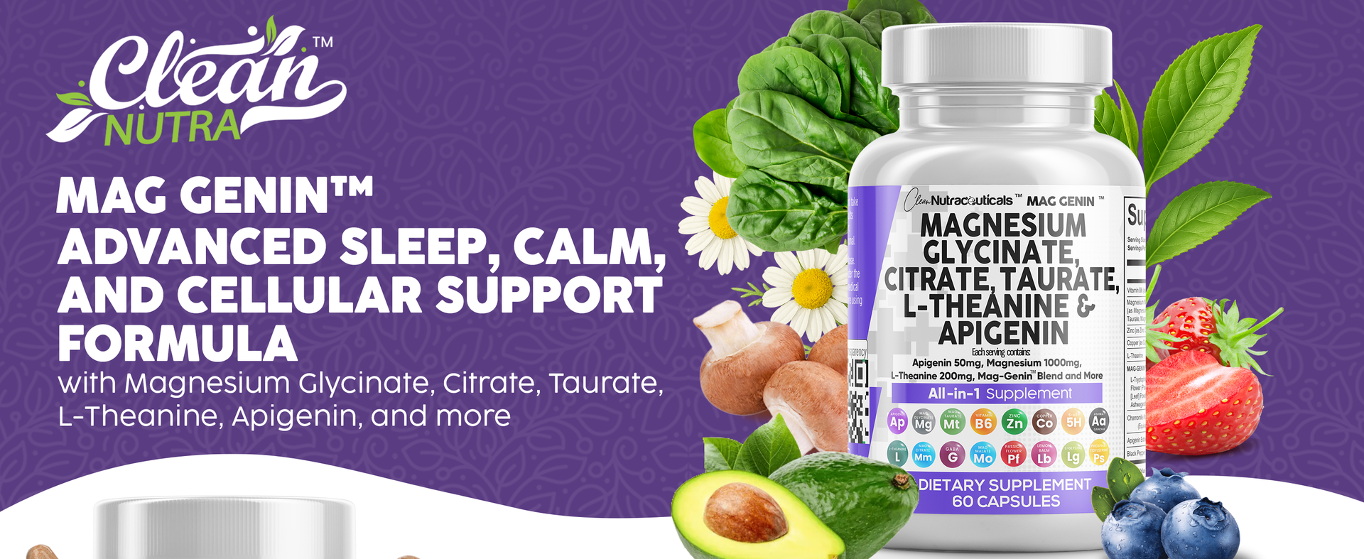 Clean Nutraceuticals Magnesium Glycinate Complex 1000mg with L-Theanine 200mg Apigenin 50mg Citrate Taurate Supplement - 5-HTP GABA Passion Flower Lemon Balm L-Glycine Phosphatidylserine - 60 Count