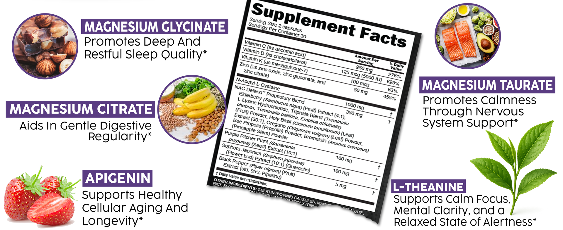 Clean Nutraceuticals Magnesium Glycinate Complex 1000mg with L-Theanine 200mg Apigenin 50mg Citrate Taurate Supplement - 5-HTP GABA Passion Flower Lemon Balm L-Glycine Phosphatidylserine - 60 Count