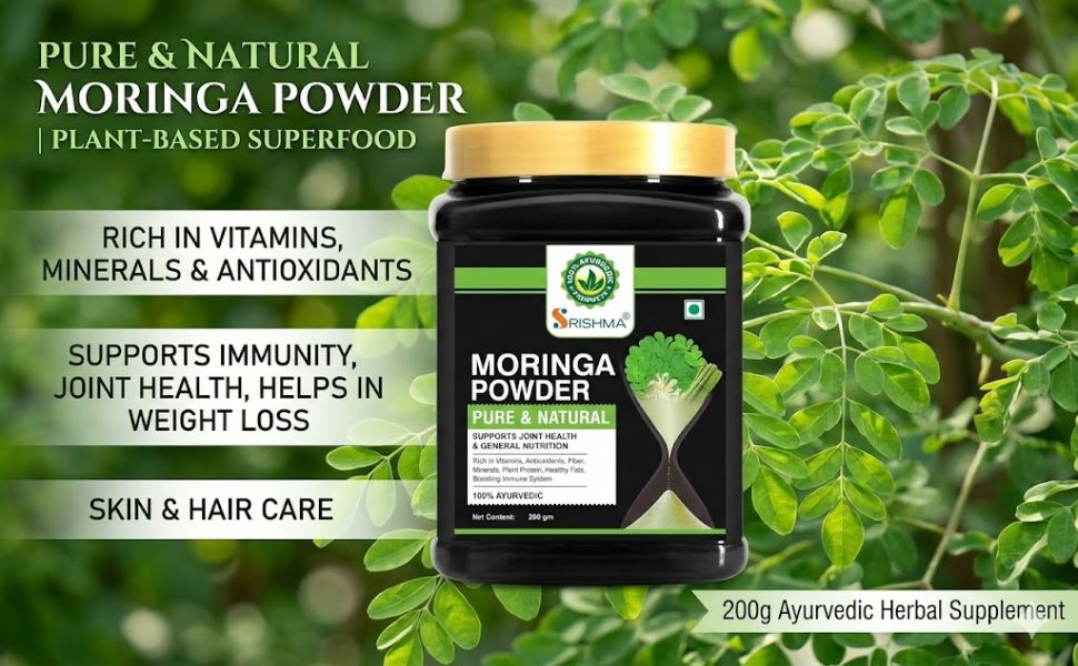 Moringa Powder 200g | 100% Pure & Natural Ayurvedic Moringa Leaf Powder | Rich in Vitamins, Antioxidants & Fiber | Supports Immunity, Joint Health, Skin & Hair Care | Herbal Superfood Supplement