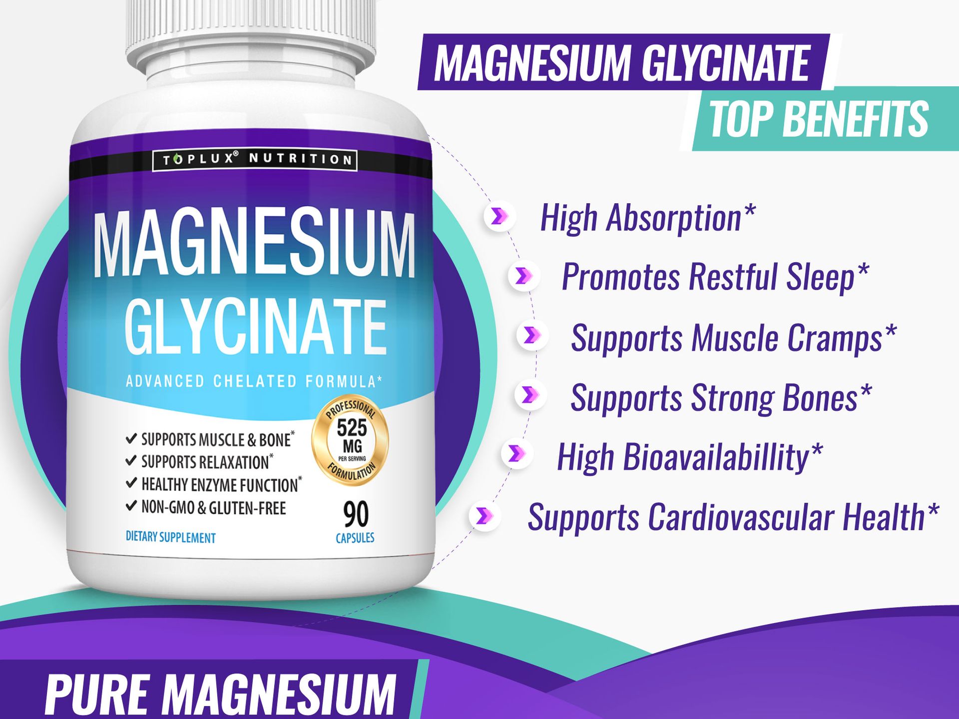 Magnesium Glycinate 525mg - High Absorption Chelated Magnesium Supplement Made with Pure Magnesium Glycinate - Supports Muscles, Sleep, Cramps, Recovery Bisglycinate Complex Vegan Non-GMO 90 Capsules