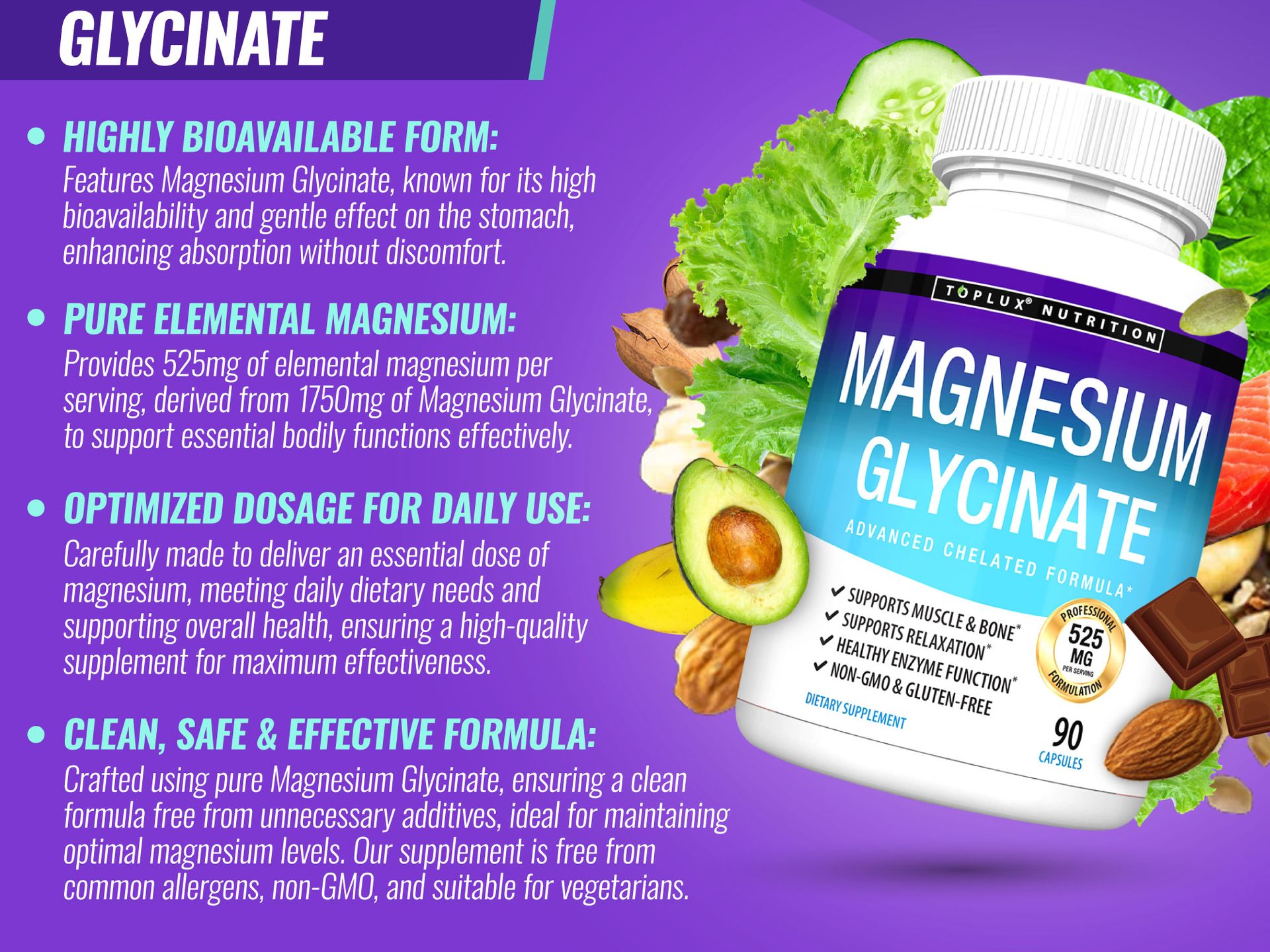 Magnesium Glycinate 525mg - High Absorption Chelated Magnesium Supplement Made with Pure Magnesium Glycinate - Supports Muscles, Sleep, Cramps, Recovery Bisglycinate Complex Vegan Non-GMO 90 Capsules