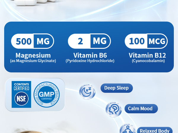 Magnesium Glycinate 500mg – NSF Certified – with B6 & B12, for Sleep, Relaxation & Muscle Support – Gentle on the Stomach for Men & Women – 60 Capsules