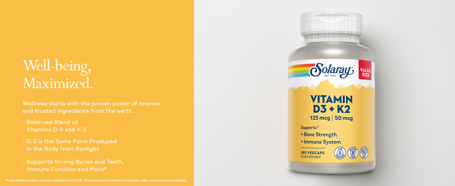 SOLARAY Vitamin D3 K2, 180 VegCaps