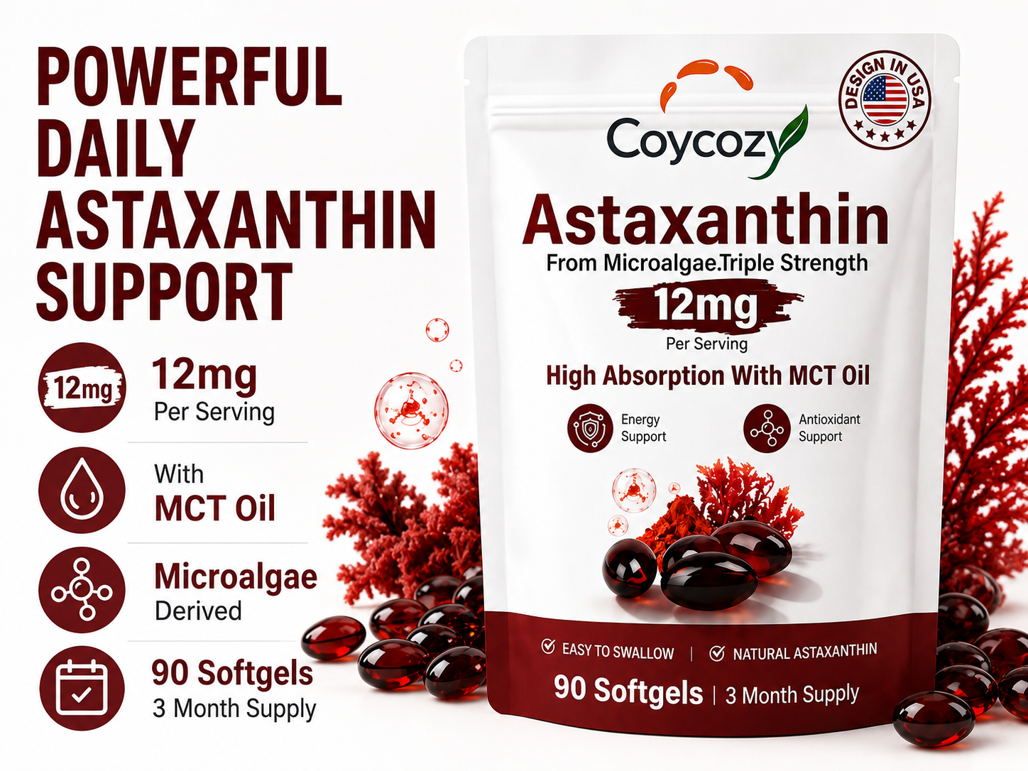 Astaxanthin 12mg Natural 90 Softgels Astaxanthin Supplement Antioxidant Support Eye Skin Joint Health | Internal Circulation,3 Month Supply| Non-GMO,Gluten-Free,No Soy (90 Count (Pack of 1))