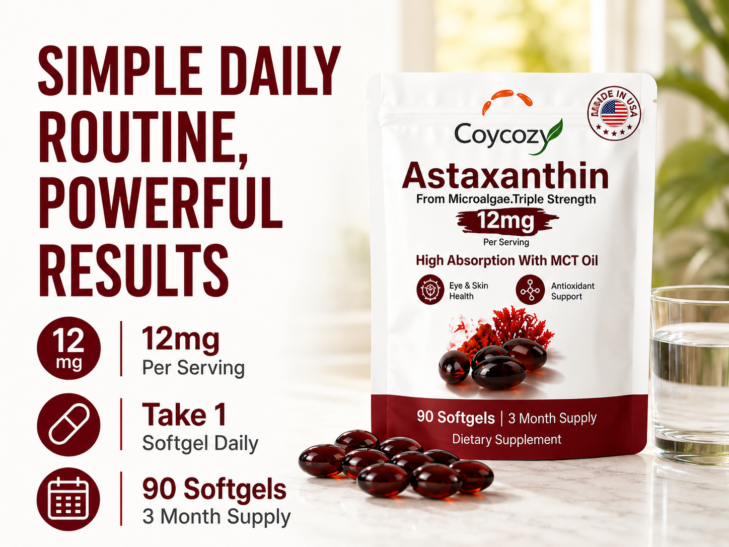 Astaxanthin 12mg Natural 90 Softgels Astaxanthin Supplement Antioxidant Support Eye Skin Joint Health | Internal Circulation,3 Month Supply| Non-GMO,Gluten-Free,No Soy (90 Count (Pack of 1))