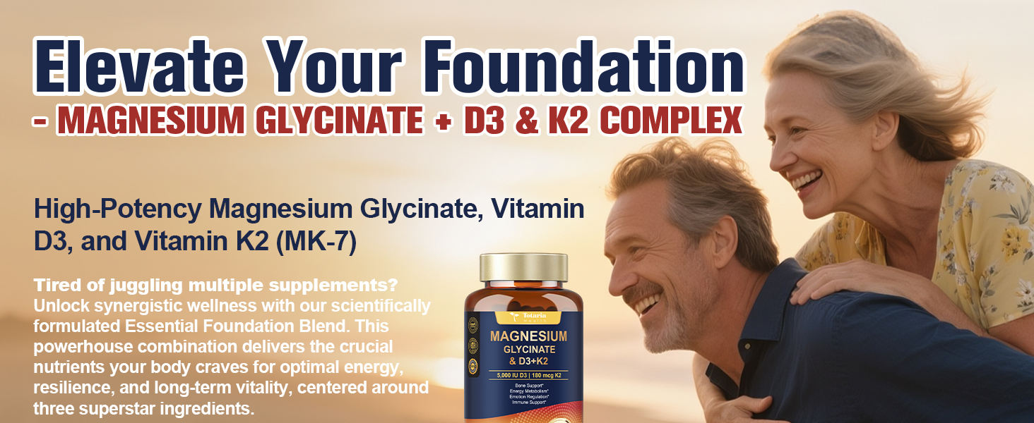 9-in-1 Magnesium Glycinate 500mg + Vitamin D3 5000 IU & K2 Complex - High Absorption - Healthy Stress, Sleep, Muscle Function, Bone Health & Energy Supports | Non-GMO, Gluten-Free 120 Softgels