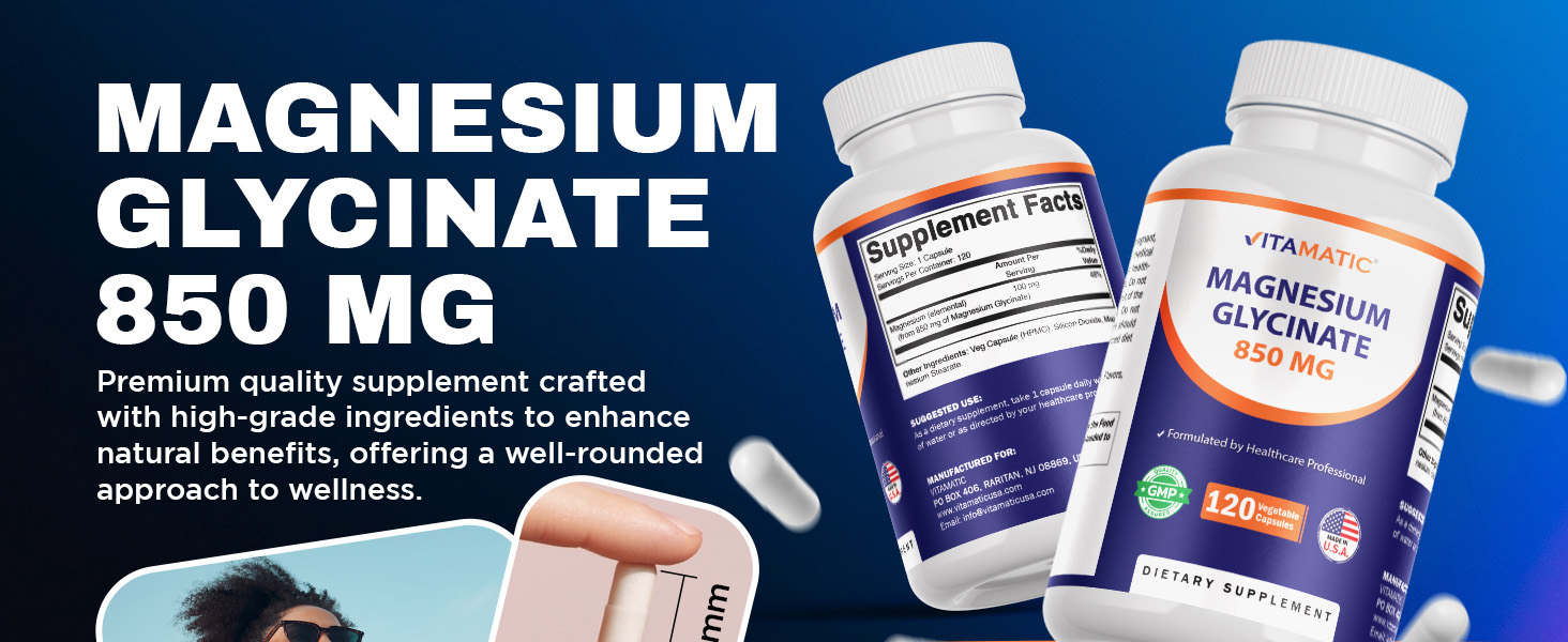 Vitamatic Magnesium Glycinate 850 mg (High Potency) – Supports Muscle, Nerve & Heart Health – 120 Veg Capsules – Non-GMO, Made in USA