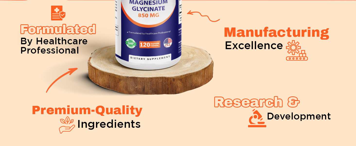 Vitamatic Magnesium Glycinate 850 mg (High Potency) – Supports Muscle, Nerve & Heart Health – 120 Veg Capsules – Non-GMO, Made in USA