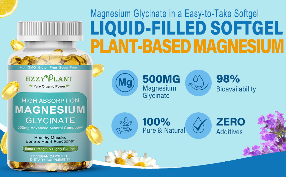 Magnesium Glycinate 500mg Softgels, High Absorption Magnesium Supplement Softgel Capsules for Muscle, Heart, Sleep & Bone Support, Stress Relief, Nerve Health & Metabolism, Non-GMO, 2 Month Supply